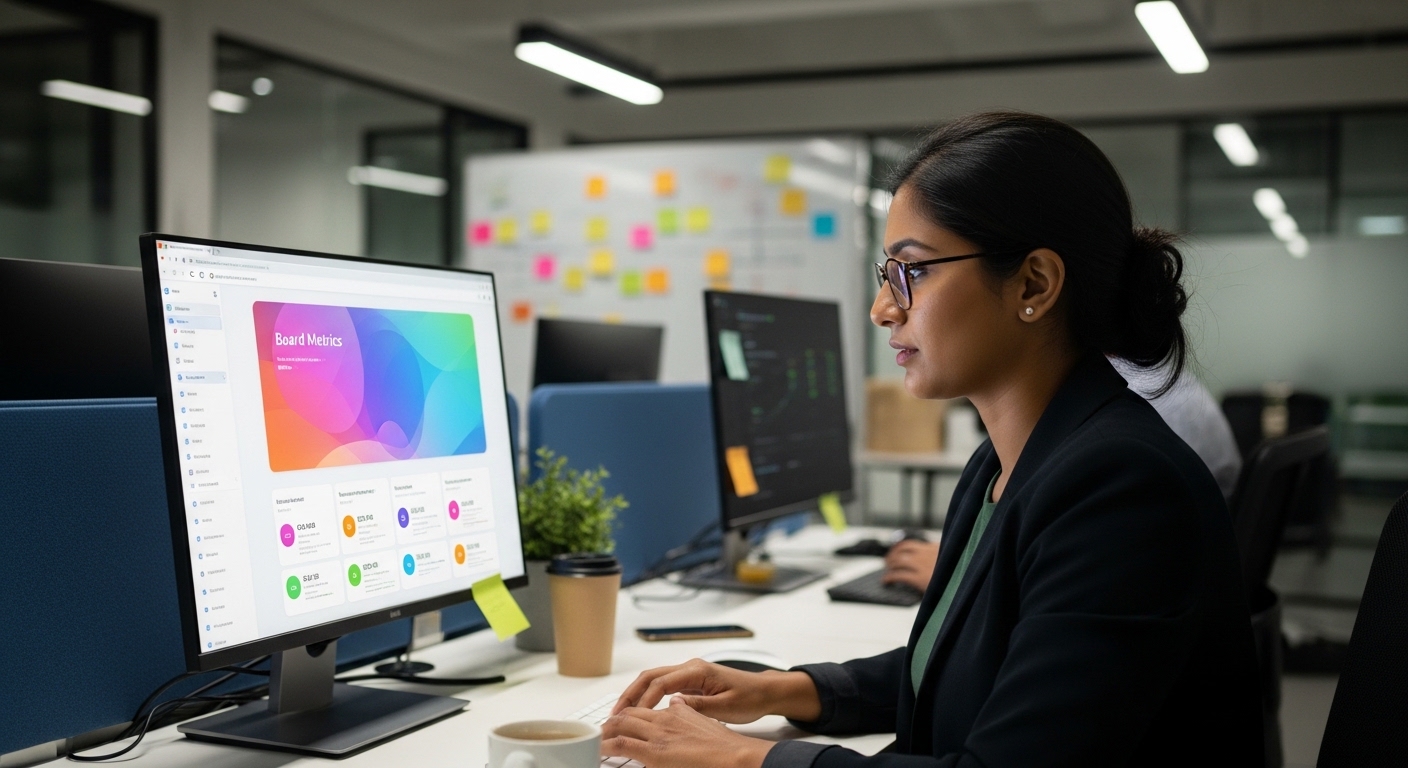 Product manager at her desk reviewing a pre-populated board metrics slide, all numbers already filled in and green-highlighted, one hand on the keyboard adding a single comment line, a full coffee cup beside her.