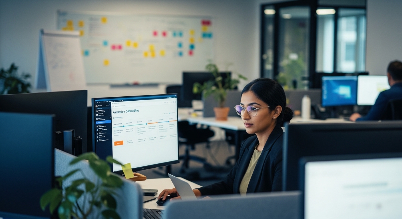Head of product standing at her desk reviewing a clean onboarding status dashboard on one screen, a timeline showing automated welcome email sent, checklist activated, and first feature engaged — all in the first two hours after signup.