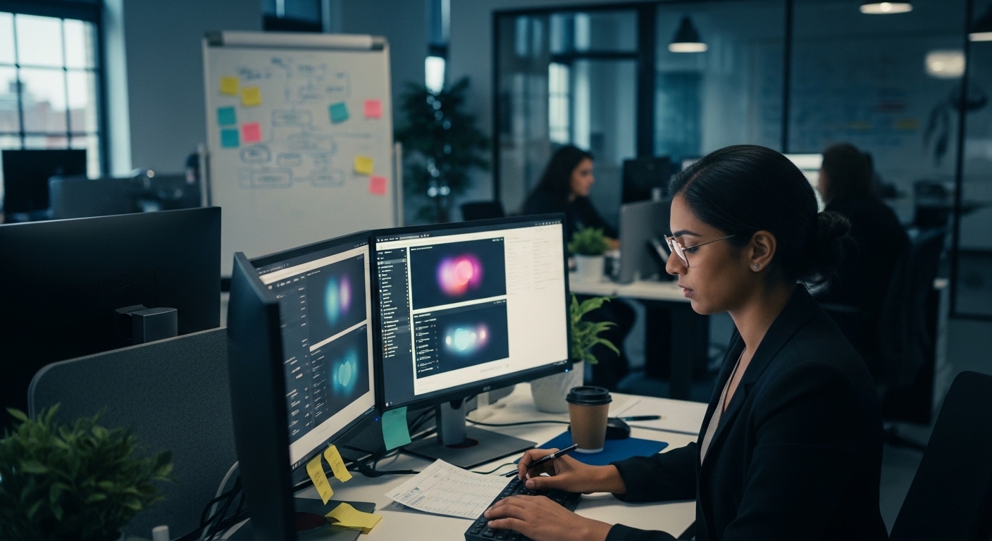 Late afternoon, product manager at her desk with four browser windows tiled — Stripe, Amplitude, HubSpot, and a Google Sheet — manually copy-pasting numbers into a board metrics template, a cold coffee cup beside the keyboard.