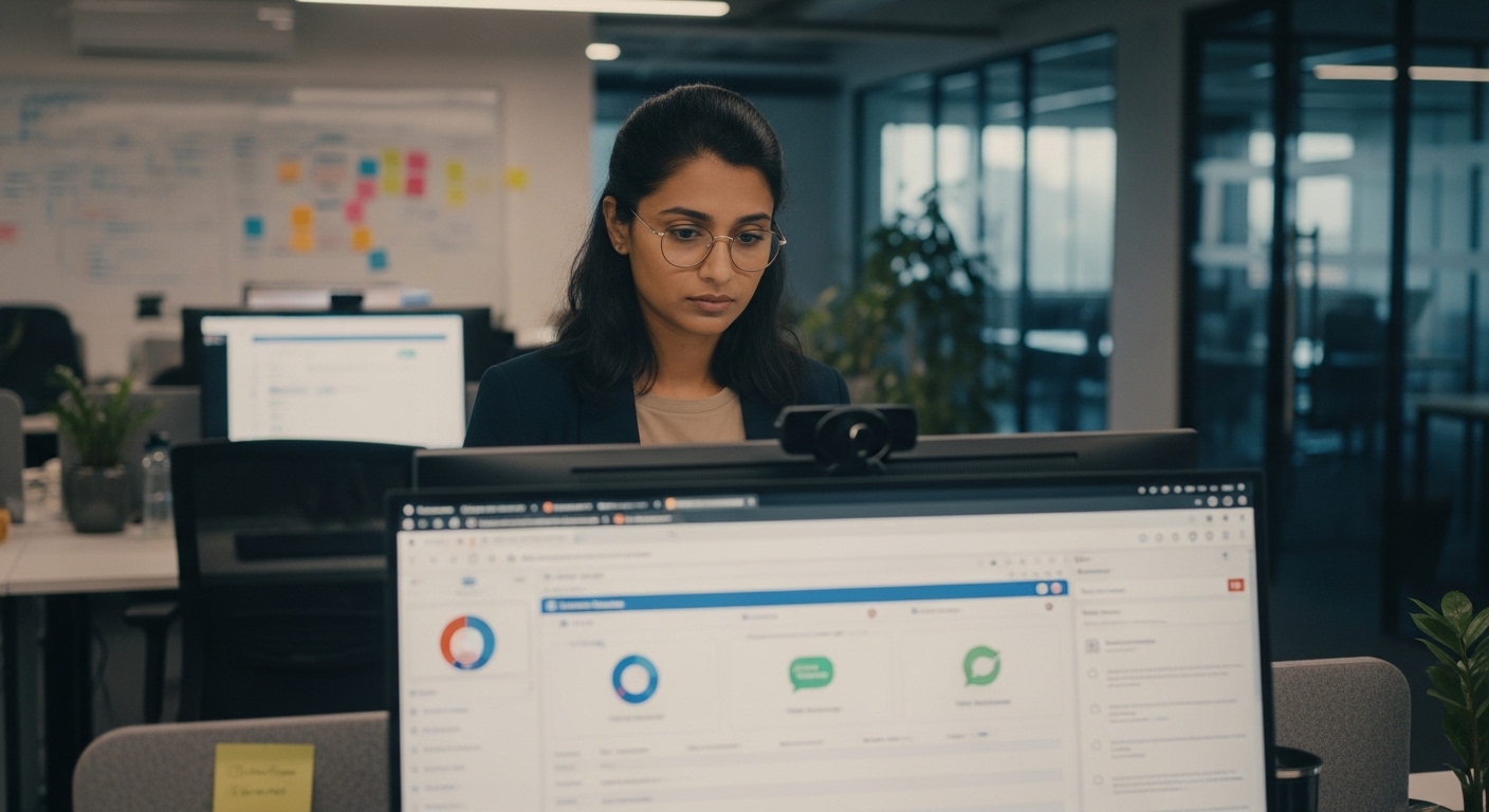 Head of product at a standing desk, three browser tabs open showing Slack, HubSpot, and a blank Notion checklist, expression of concentration as she manually types a welcome email for a new enterprise account.