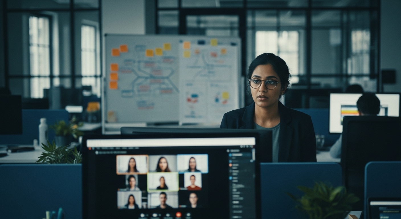 A video call grid on a widescreen monitor showing six colleagues in discussion, with a Notion roadmap doc open in the background and two competing sticky-note clusters on a whiteboard just visible behind the speaker.