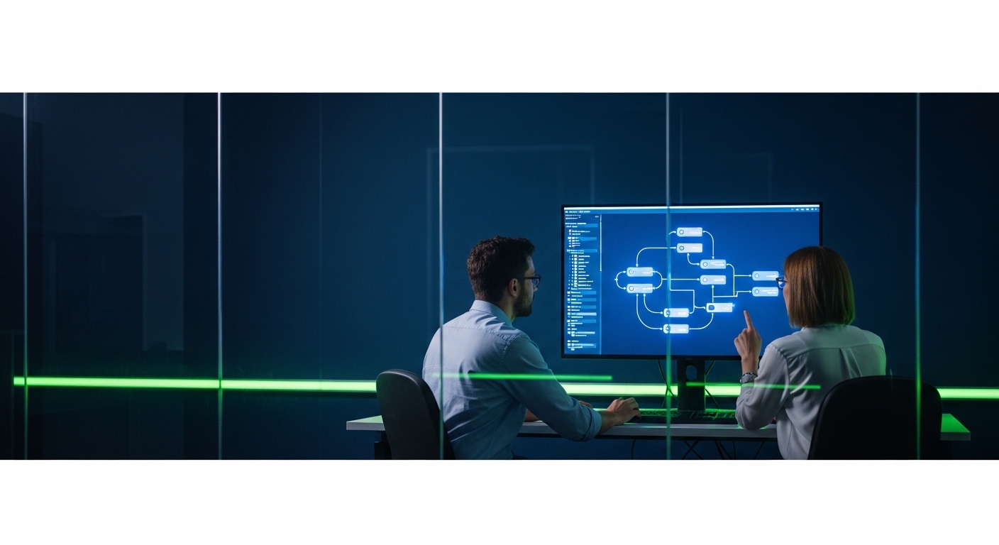 Stable Solutions team reviewing AI workflow dashboards in a modern innovation lab