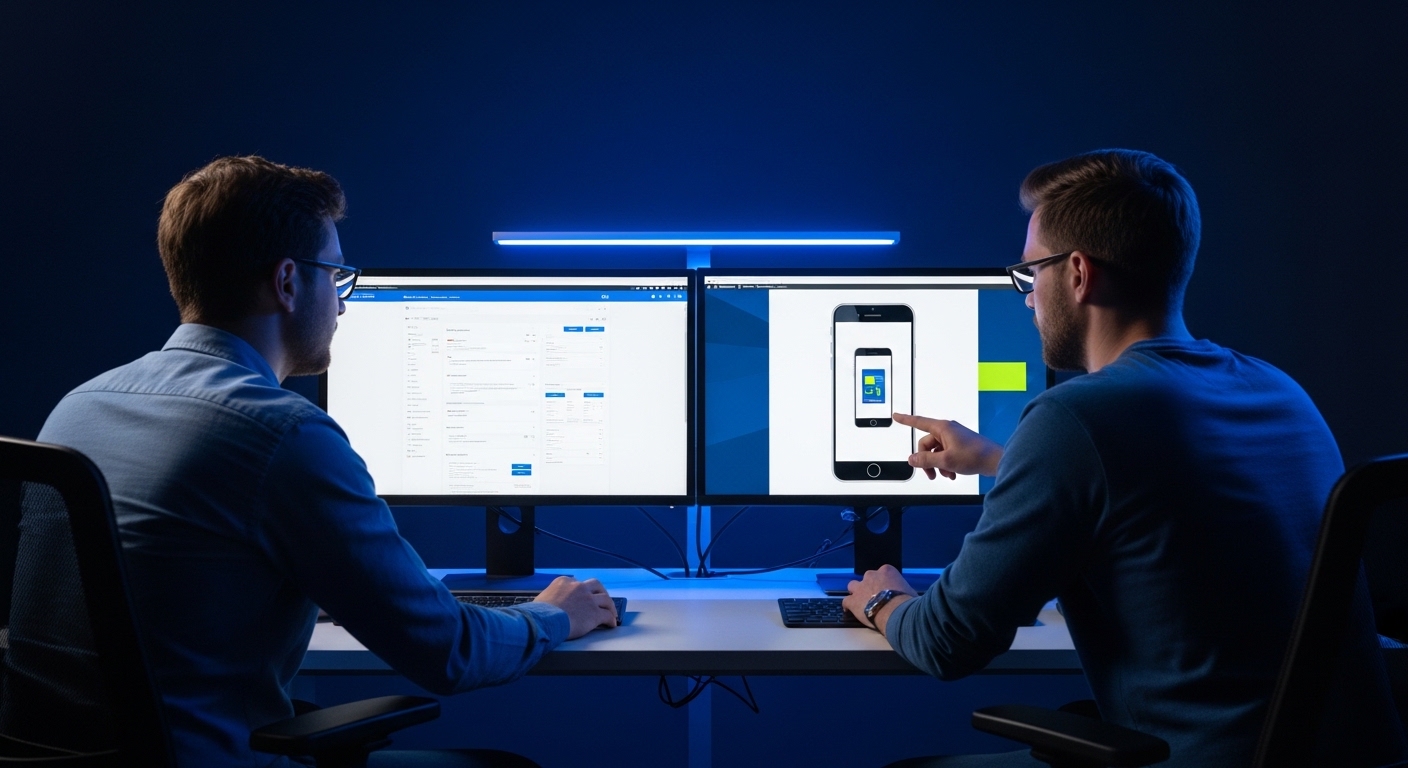 Stable Solutions engineers building a web application and mobile prototype on dual monitors