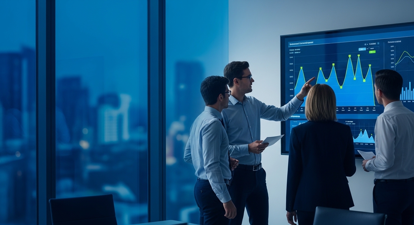 Stable Solutions team reviewing growth analytics and pipeline dashboards in a conference room